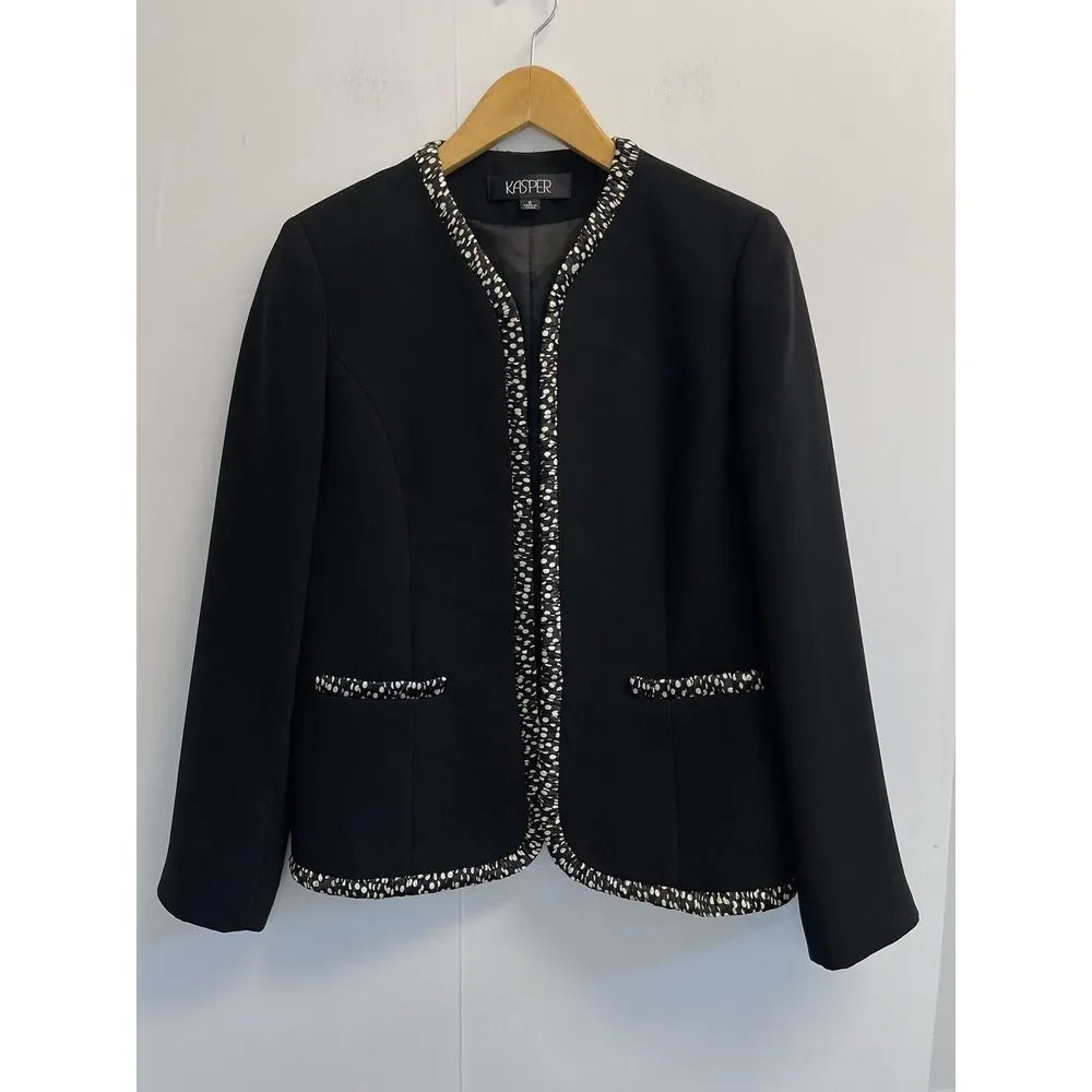 Kasper Black Business Jacket Sz 8 Polka dot Trim Blazer Open Front Lined Pockets